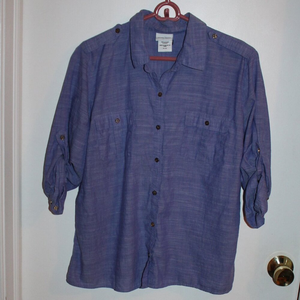 Jaclyn Smith Convertible Sleeve Button up Blouse Blue/White Size XL